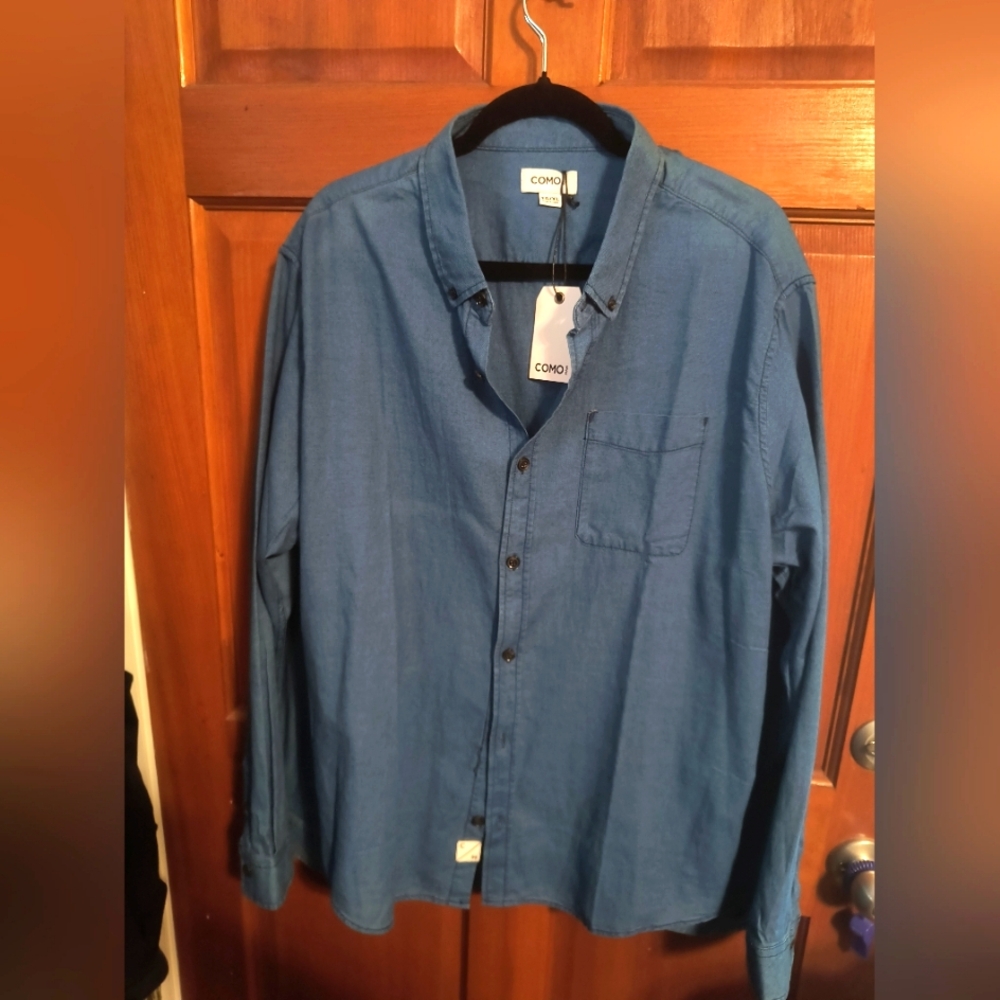 MENS COMO BRAND  COLLARED LONG SLEEVE BUTTON UP BLUE 100% COTTON SHIRT XL NWT